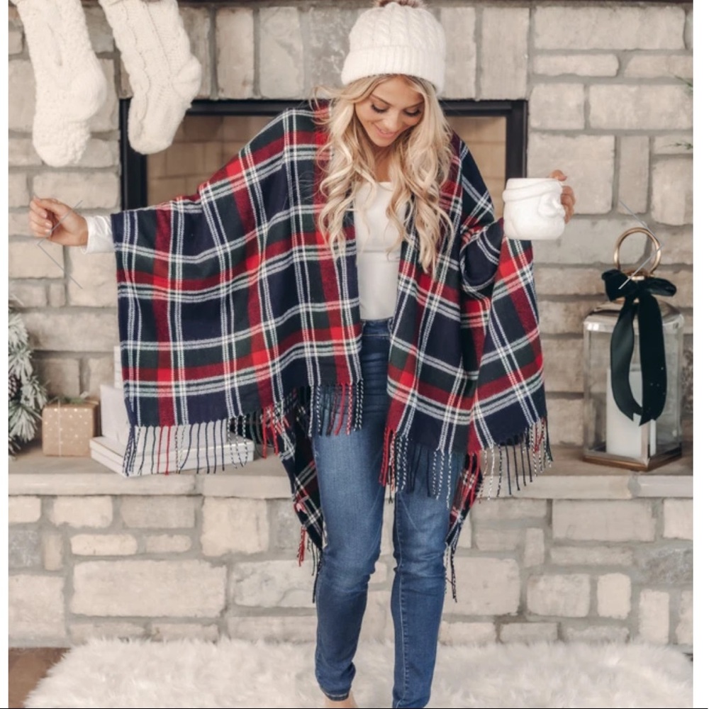 Navy Plaid Poncho